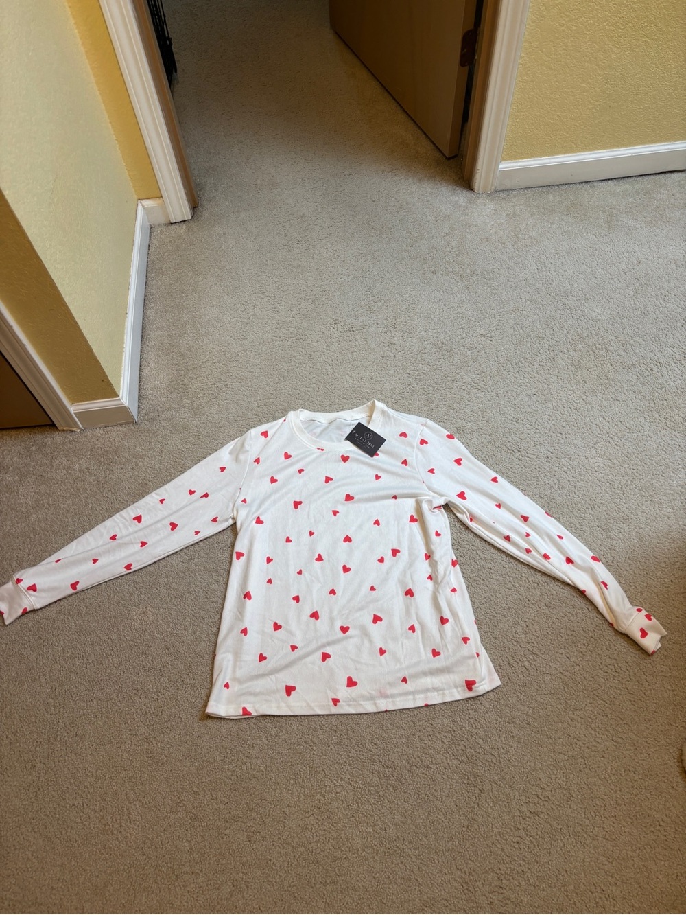 Long-Sleeve Heart Print Tee - White with Pink Hearts